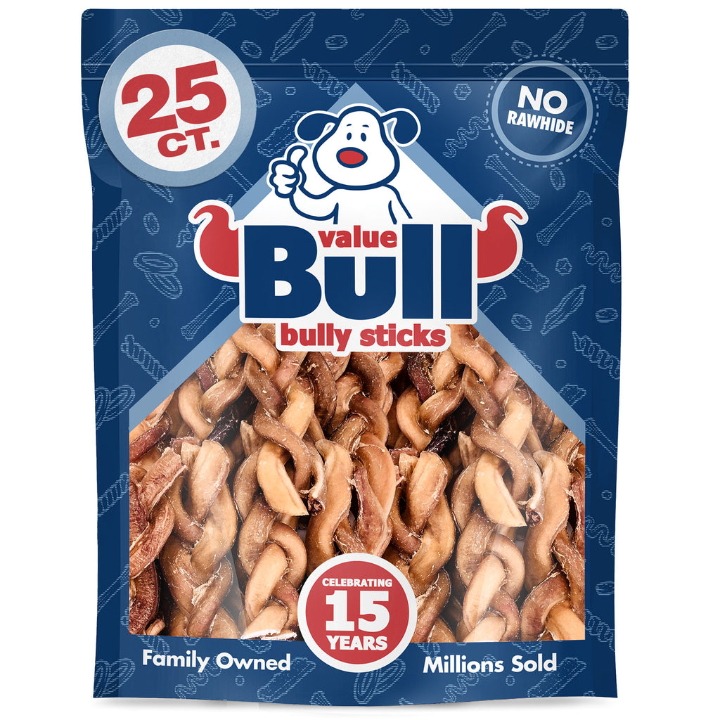 Braided Bully Sticks, Thick 6 Inch, 25 Count - All Natural Dog Treats, 100% Beef Pizzles, Single Ingredient Rawhide Alternative 